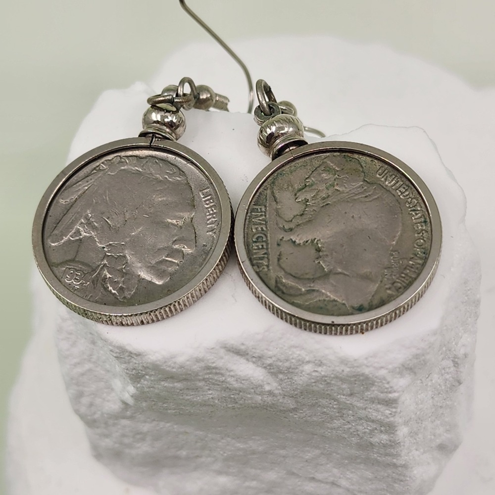 Buffalo Nickel Coin Dangle Earrings Silver Tone Western Boho Statement Vintage